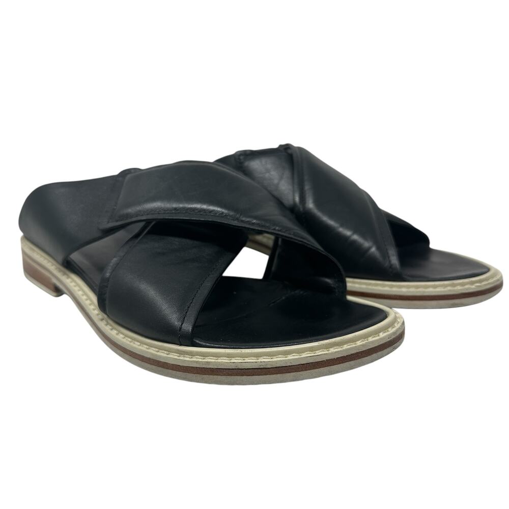Tibi Slide Sandals Flat Slip-On Cross Strap Leather Black Size 39.5 US 9.5